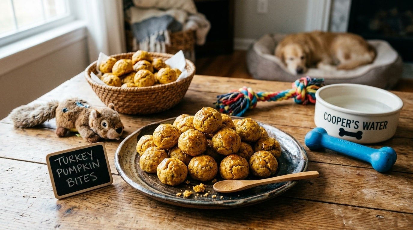 Homemade turkey pumpkin balls for dogs, golden brown treats on a rustic table with dog toys.