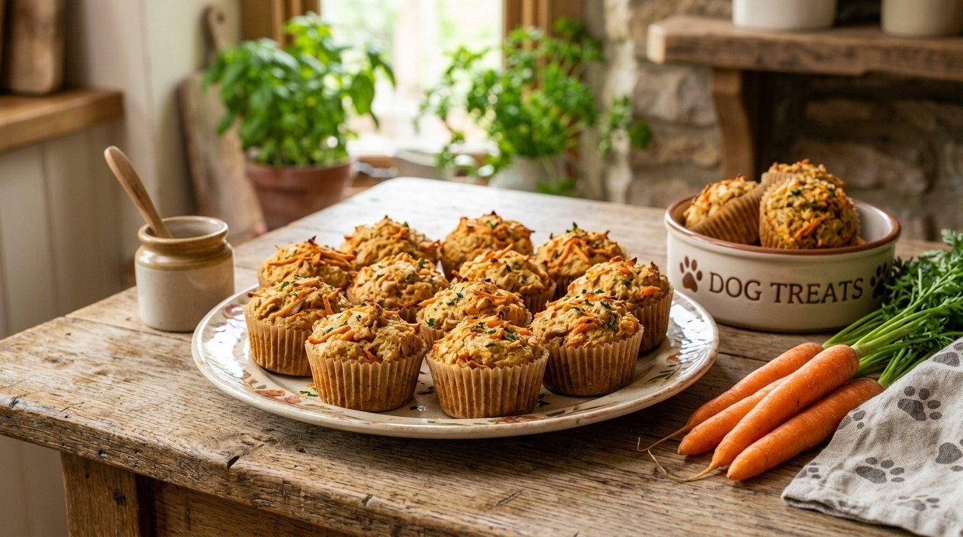 Homemade turkey carrot muffins for dogs displayed on a wooden table, surrounded by fresh carrots.
