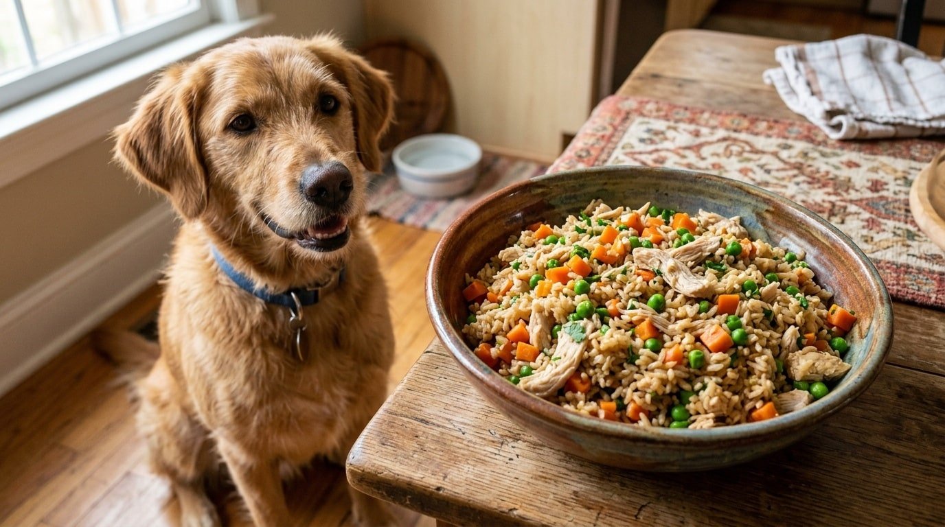 Homemade chicken fried rice for dogs in a bowl, surrounded by colorful vegetables and a happy dog.