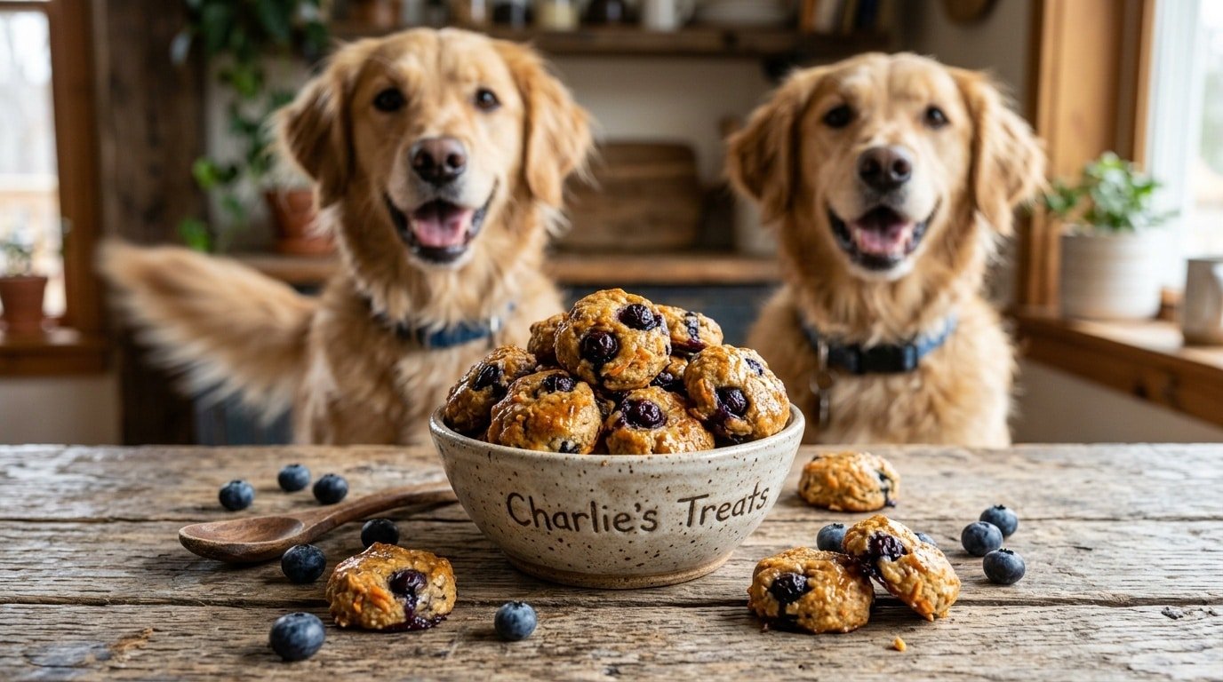 Homemade carrot blueberry dog bites arranged on a wooden table with a dog waiting eagerly in the background.