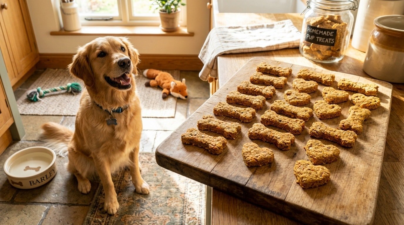 Homemade carrot and pumpkin dog treats shaped like bones, on a cutting board with a happy dog in the background.