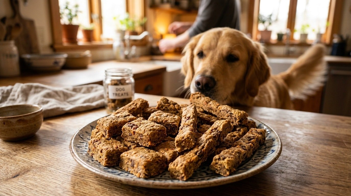 Homemade beef and carrot chews for dogs arranged on a plate, with a playful dog in the background.