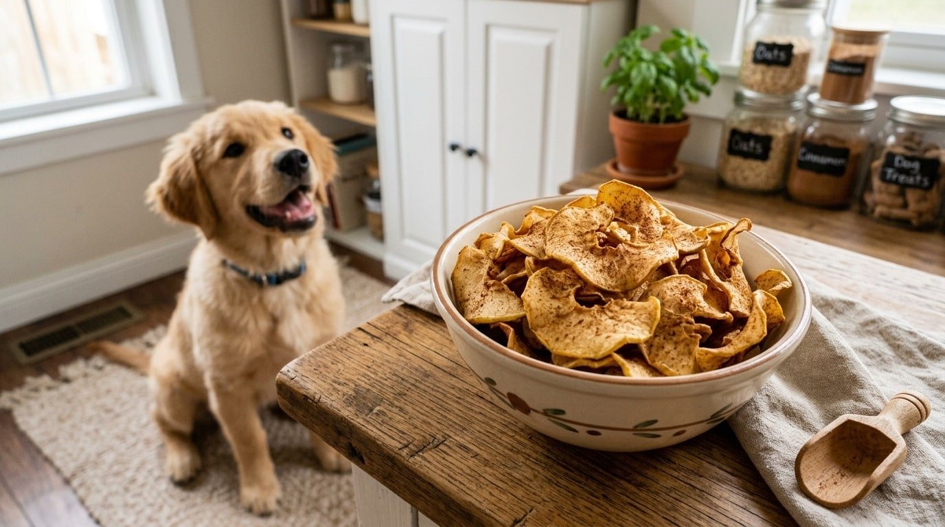 Crispy apple chips with a sprinkle of cinnamon in a bowl, with a curious dog in the background.