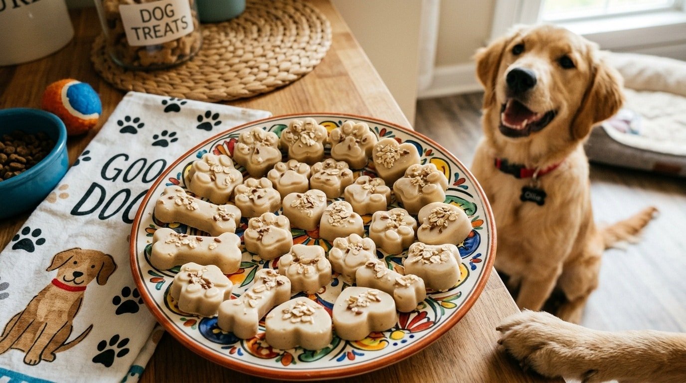 Plate of yogurt peanut butter bites shaped like bones and paw prints for dogs, with a happy dog in the background.