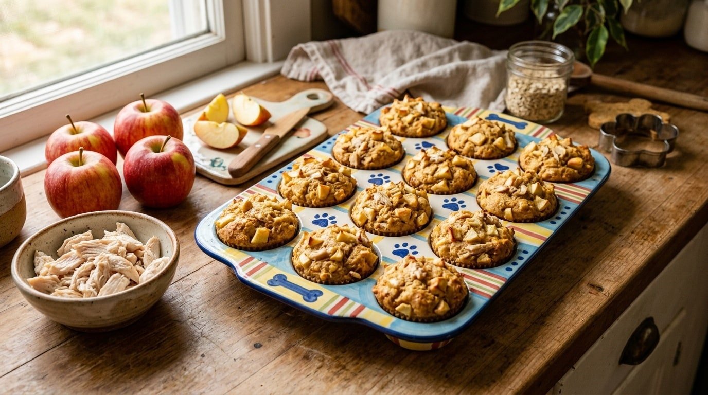 A colorful tray of homemade chicken apple muffins for dogs, with apples and shredded chicken.