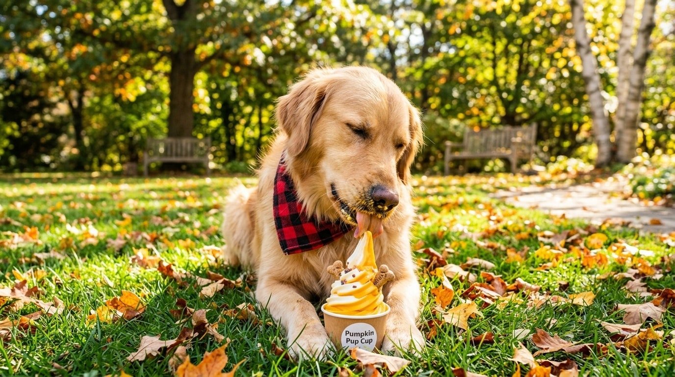 A happy dog savoring a frozen yogurt pumpkin swirl treat on a sunny day, surrounded by autumn leaves.