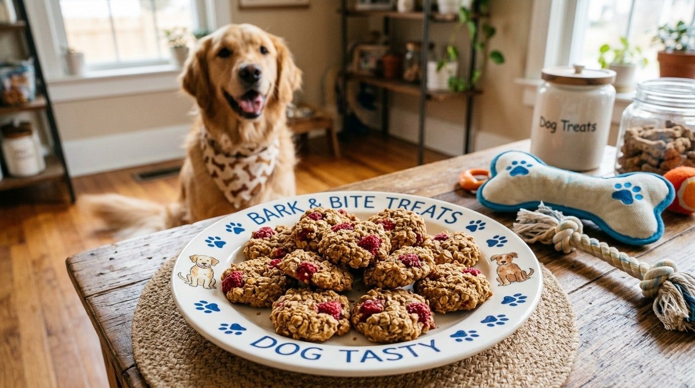 Oatmeal raspberry cookies for dogs on a plate with a dog looking on.