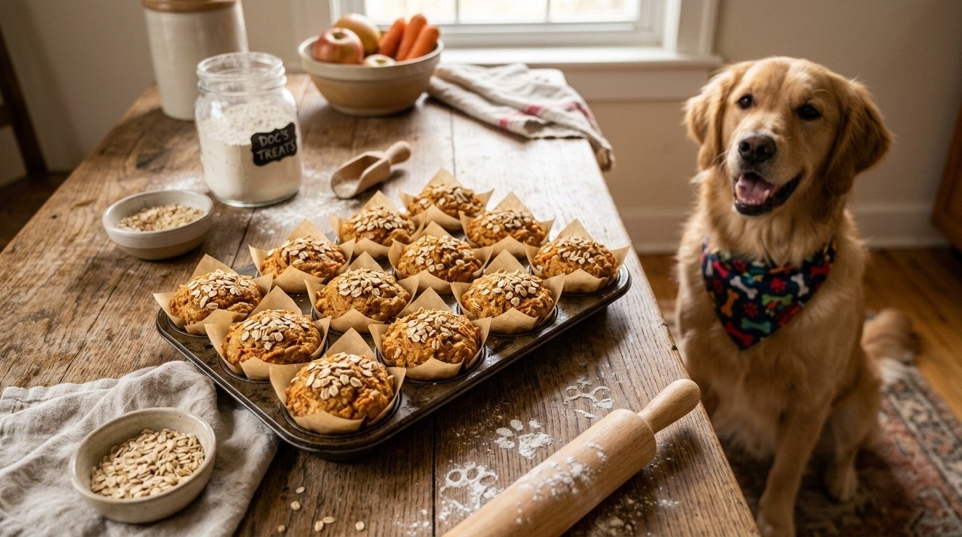 Golden-brown carrot apple muffins for dogs displayed on a wooden table with a playful dog in the background.
