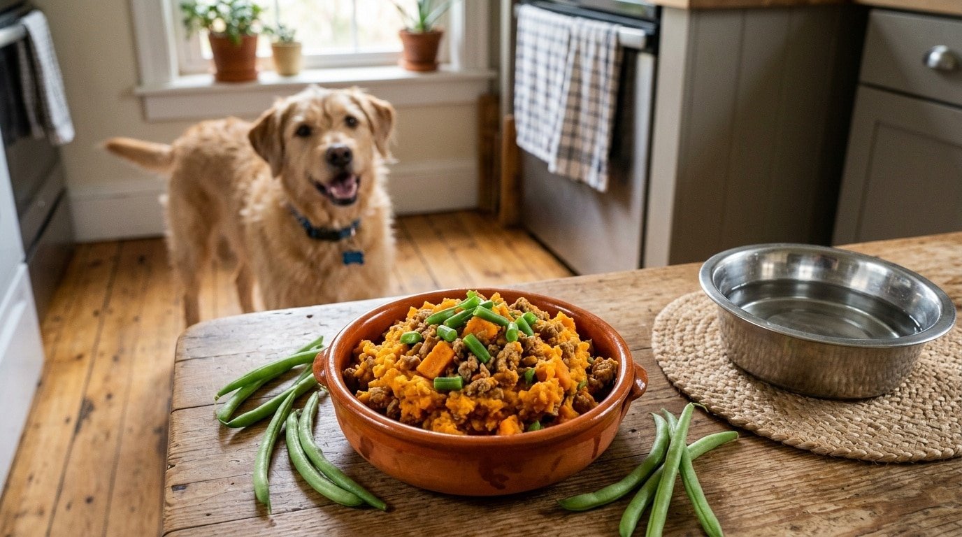 A nutritious meal of turkey and sweet potato mash for dogs, with green beans on the side, served in a bowl.