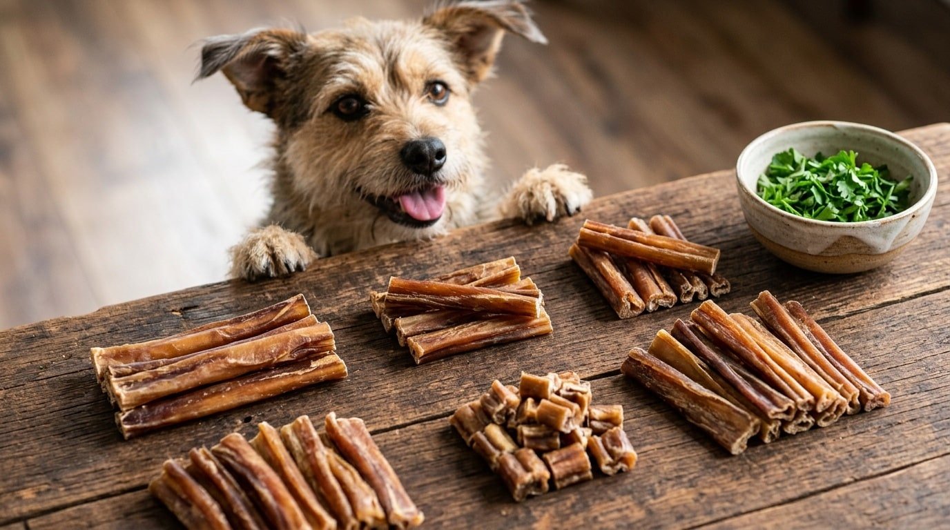 Homemade bull penis dog treats on a rustic surface with a dog looking at them.