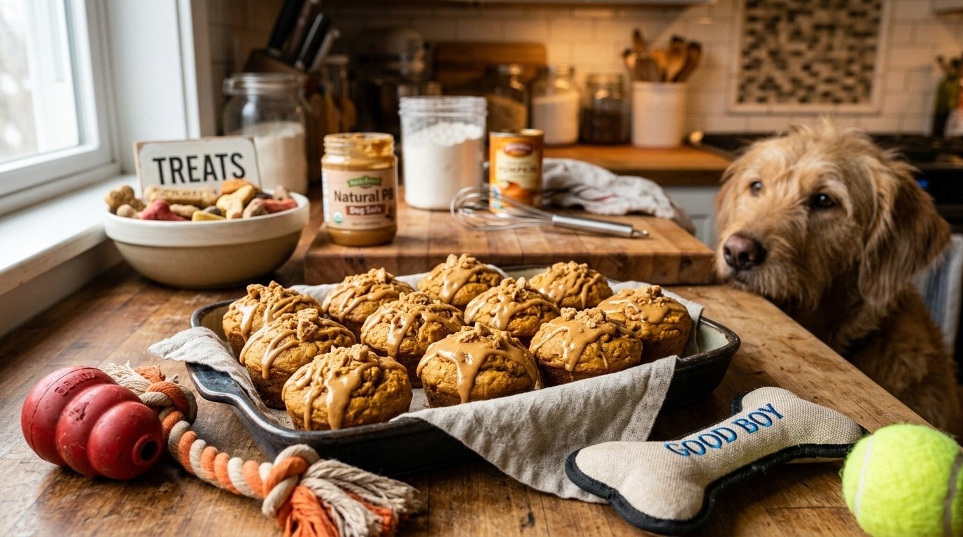 A tray filled with golden dog muffins made with pumpkin and peanut butter, with dog toys around.