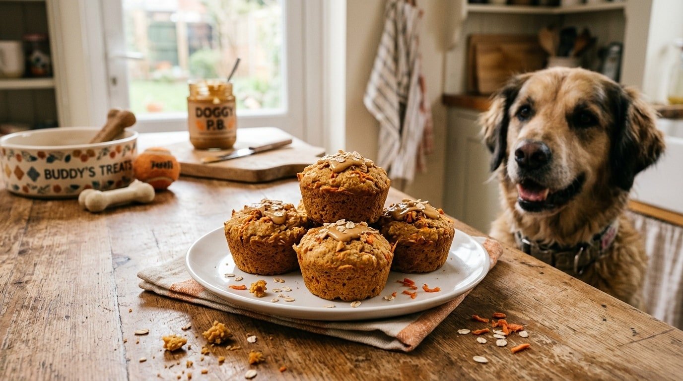 Delicious peanut butter carrot muffins for dogs on a plate, filled with shredded carrots and a golden crust.