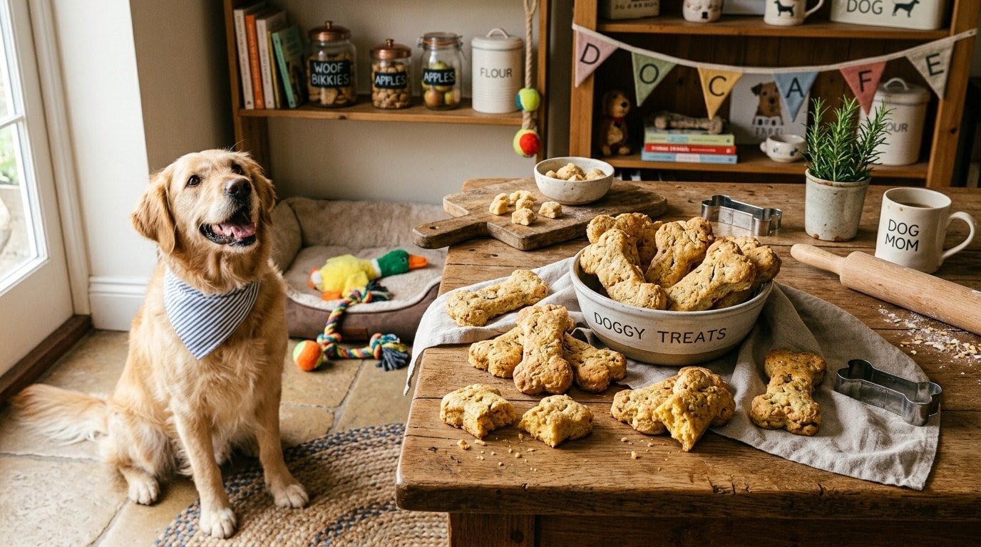 Freshly baked cheese and apple biscuits shaped like dog bones on a wooden table, with a playful dog nearby.