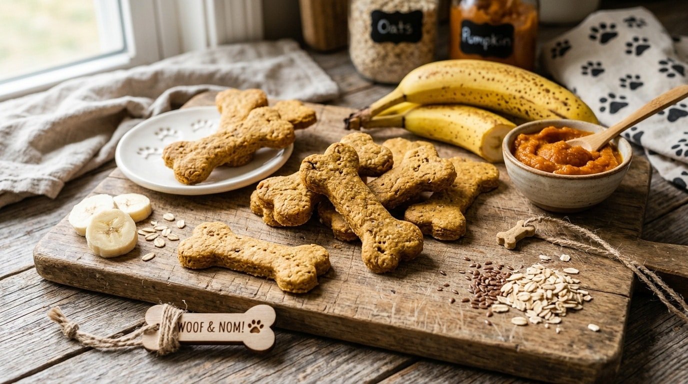 Homemade banana and pumpkin dog chews shaped like bones on a rustic table with bananas and pumpkin puree.