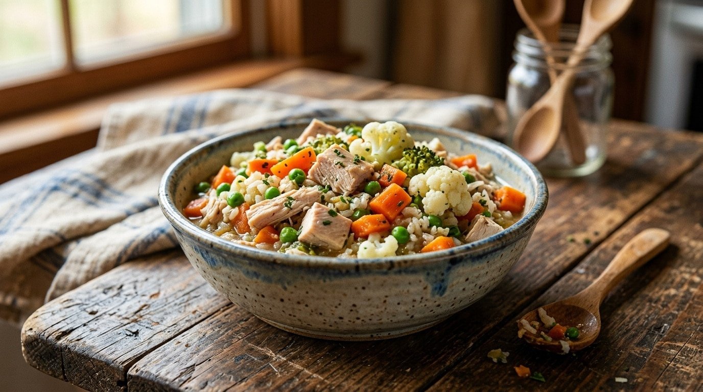 A nutritious bowl of chicken and cauliflower feast for dogs, featuring chicken, cauliflower, and carrots.