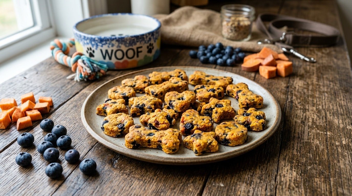 A plate of homemade sweet potato and blueberry chews for dogs on a wooden table, with fresh blueberries beside them.