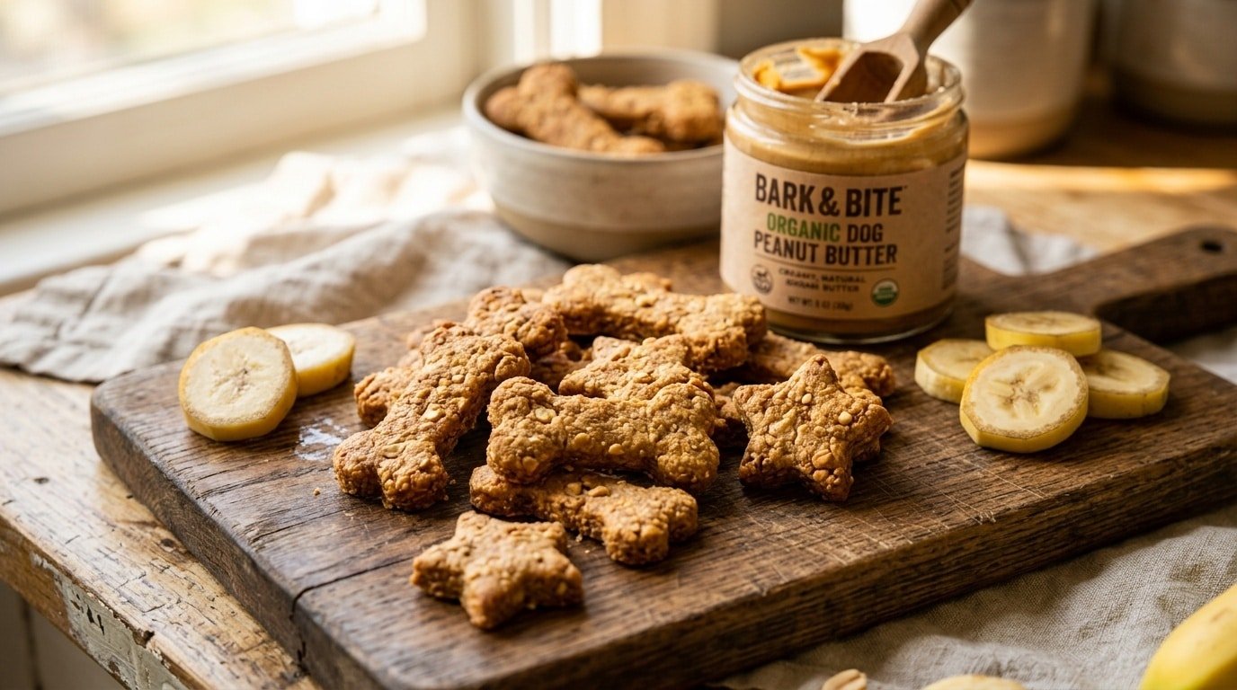 Crunchy homemade peanut butter banana chips for dogs on a cutting board with peanut butter and banana slices.