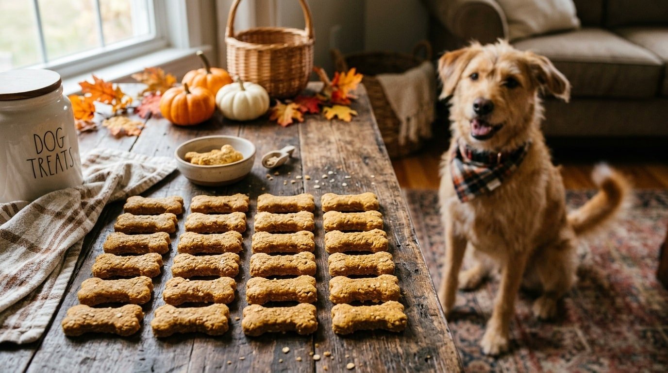 Peanut butter pumpkin dog treats shaped like bones on a wooden table with a dog in the background.