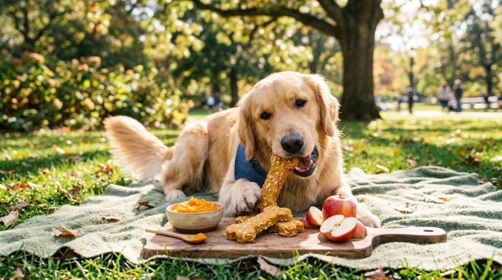 A golden retriever with a pumpkin apple chew on a wooden board, surrounded by fresh apples and pumpkin puree.