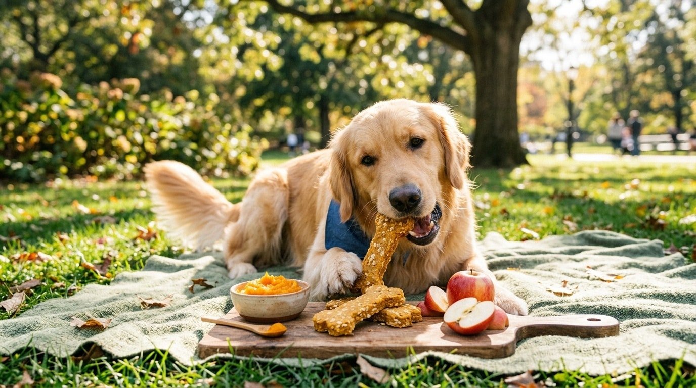 A golden retriever with a pumpkin apple chew on a wooden board, surrounded by fresh apples and pumpkin puree.