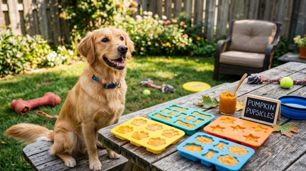 Colorful molds filled with pumpkin pupsicles, with a happy dog in a sunny backyard.