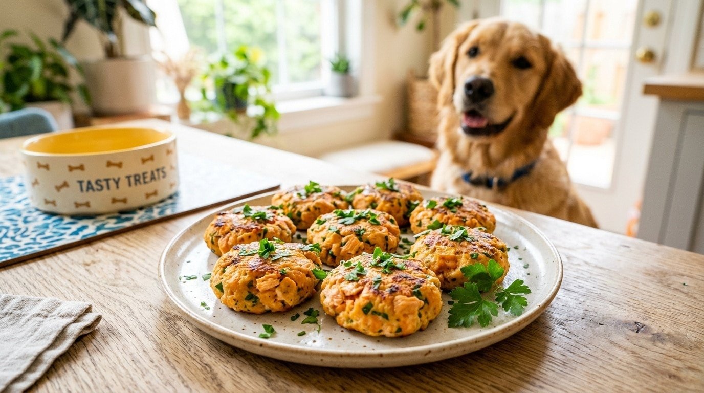 A plate of homemade salmon sweet potato patties for dogs, garnished with parsley, ideal for pet treats.