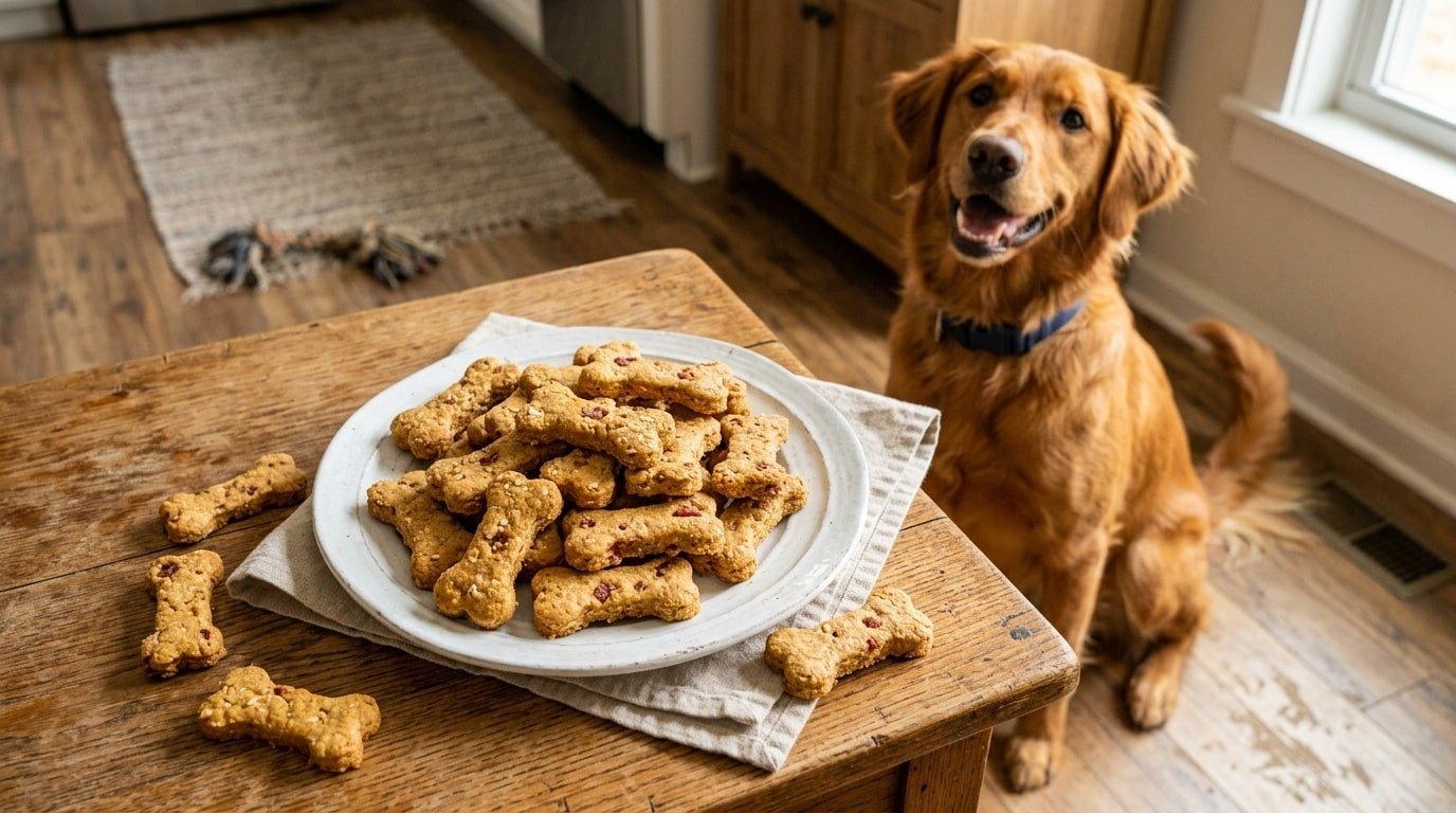 A plate of peanut butter bacon biscuits for dogs shaped like bones, with a dog in the background.