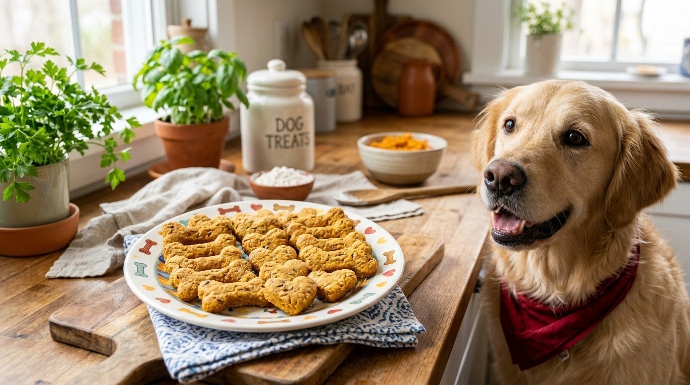 A plate filled with homemade pumpkin chicken treats for dogs, shaped like bones and hearts, with a dog eagerly watching.