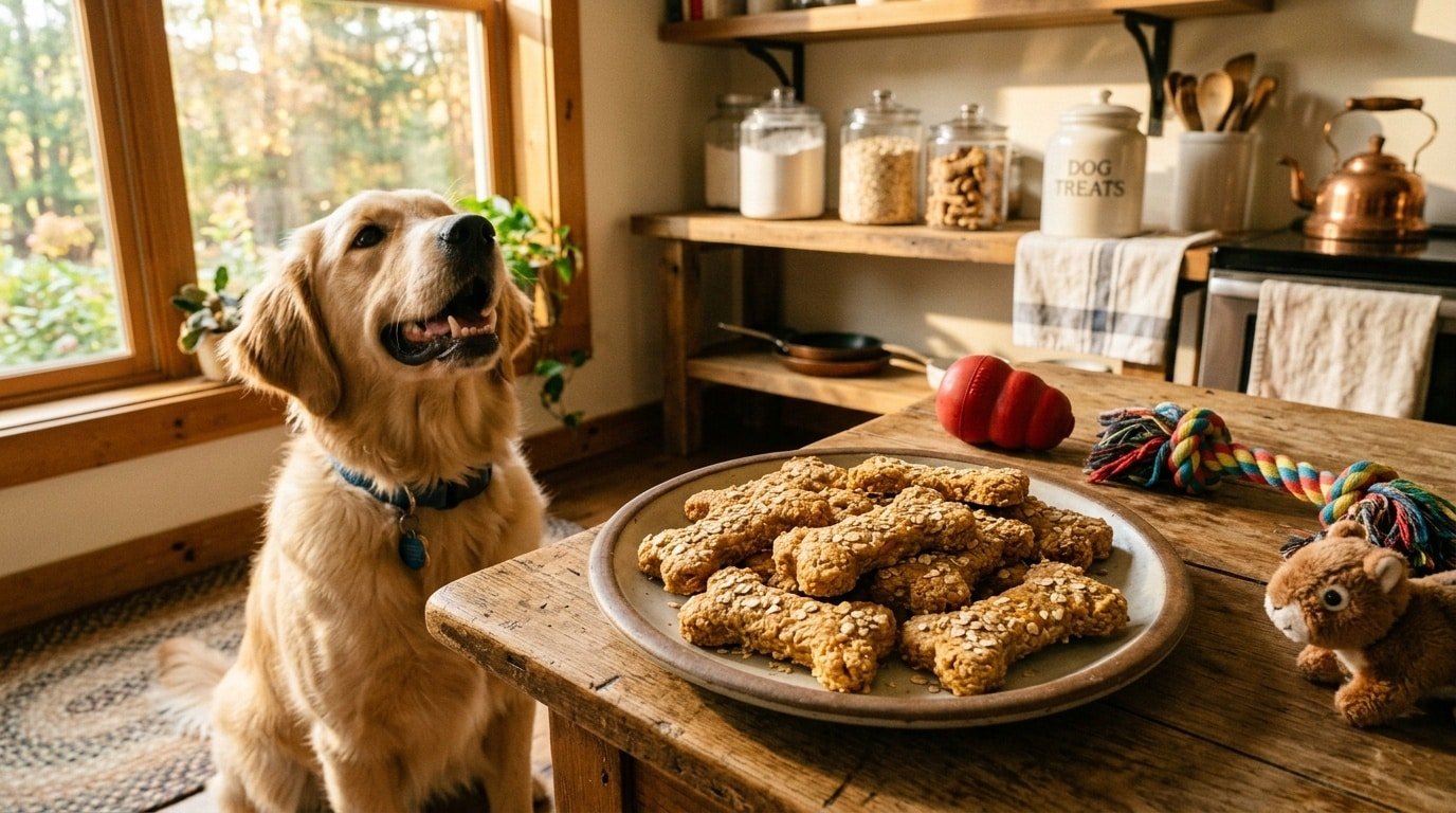 Homemade cheesy oat biscuits for dogs in bone shapes on a plate with a joyful dog in the background.