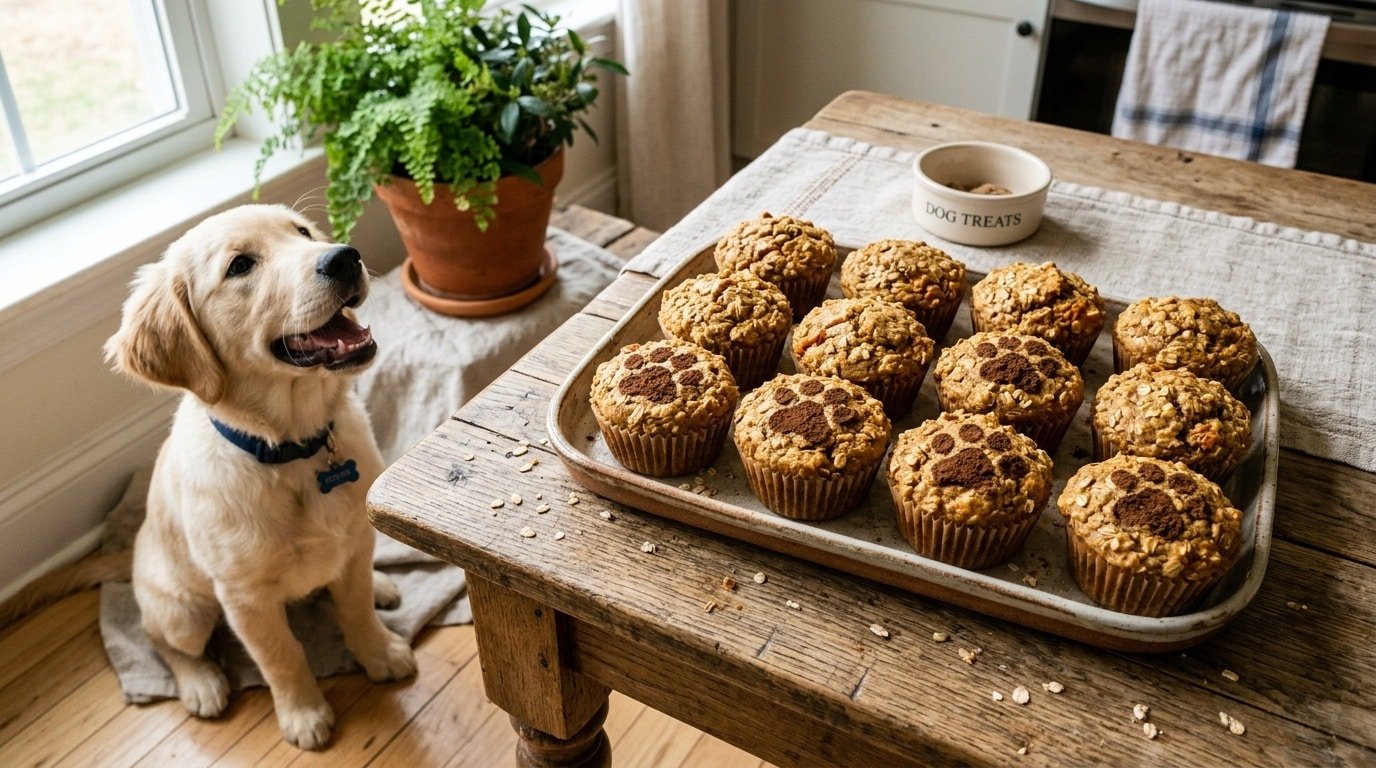 Freshly baked banana sweet potato muffins for dogs on a wooden table with a dog looking eagerly at the treats.