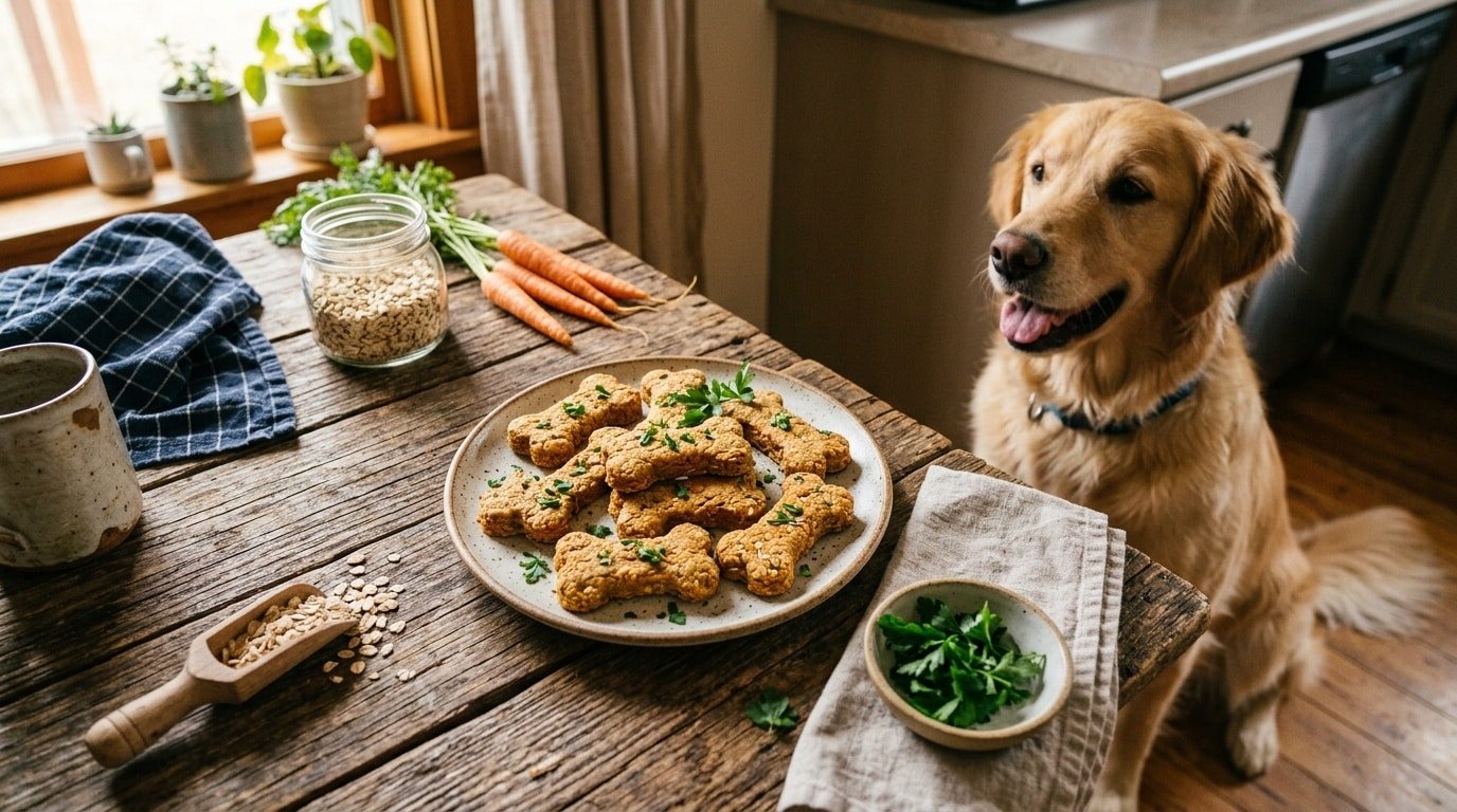 A plate of golden-brown carrot and oat dog biscuits shaped like bones on a rustic table.