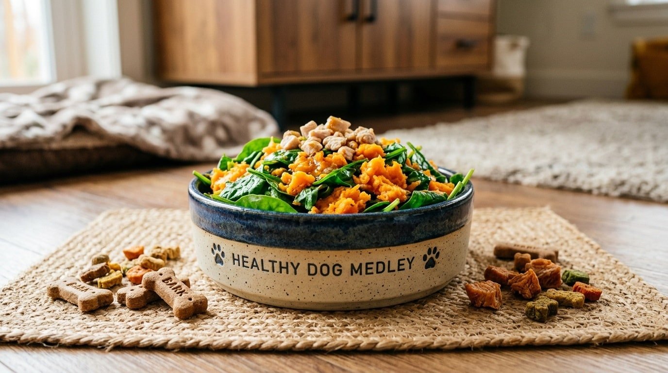 A bowl of homemade spinach and sweet potato medley for dogs, showcasing the bright colors of sweet potatoes and fresh spinach, on a pet mat.