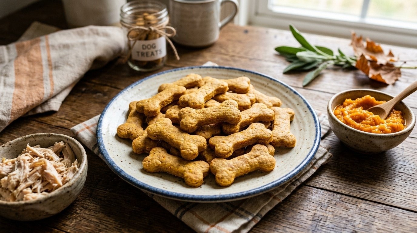 Homemade chicken pumpkin biscuits for dogs shaped like bones, served on a rustic plate with pumpkin puree and shredded chicken on the side.
