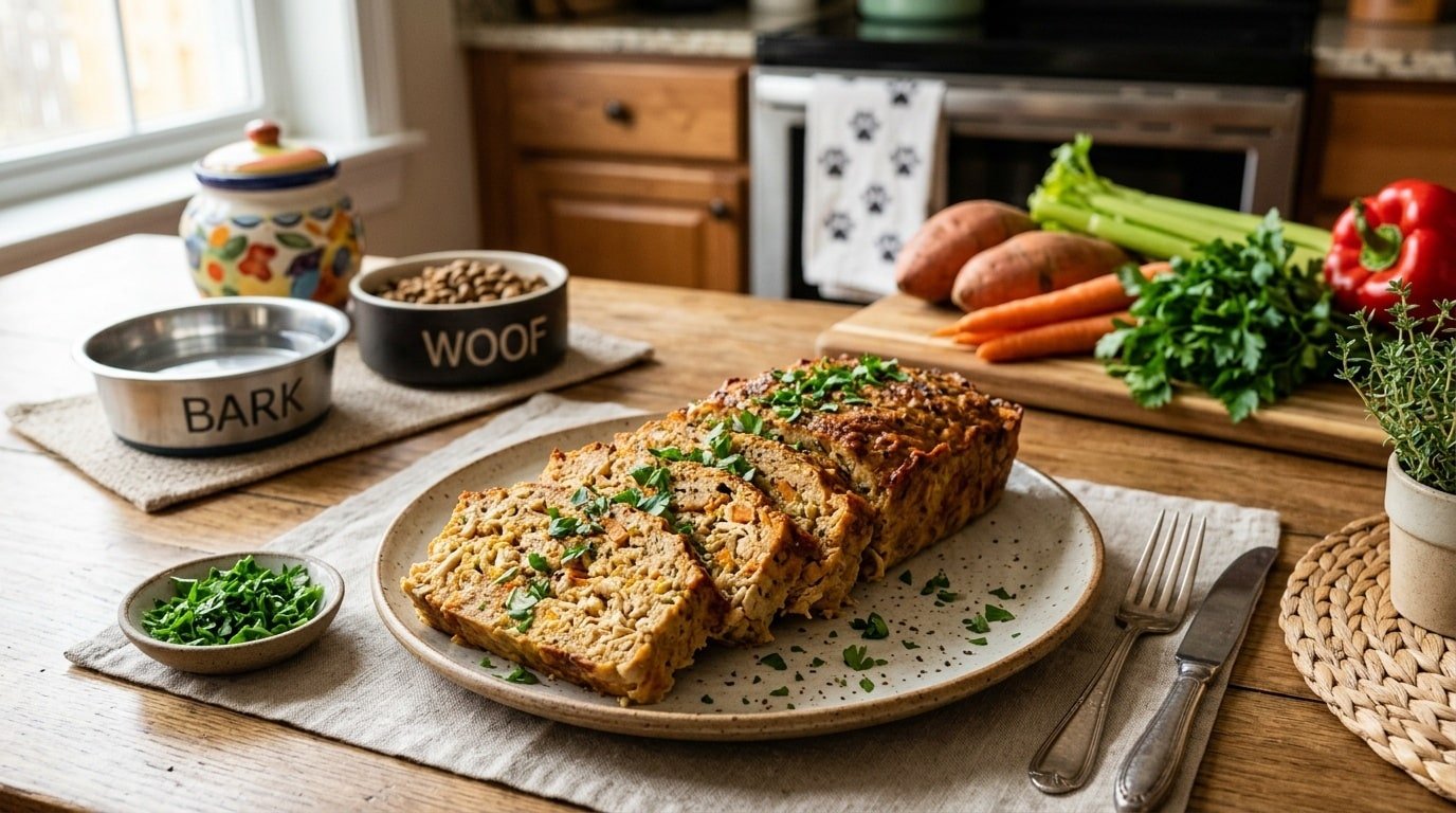 Slices of chicken meatloaf made with sweet potato, garnished with parsley, ready for serving in a warm kitchen.
