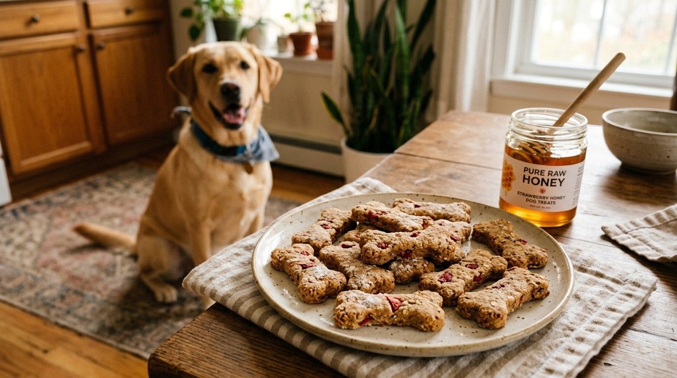 A plate of golden strawberry and honey dog biscuits shaped like bones, with fresh strawberries and honey in the background.