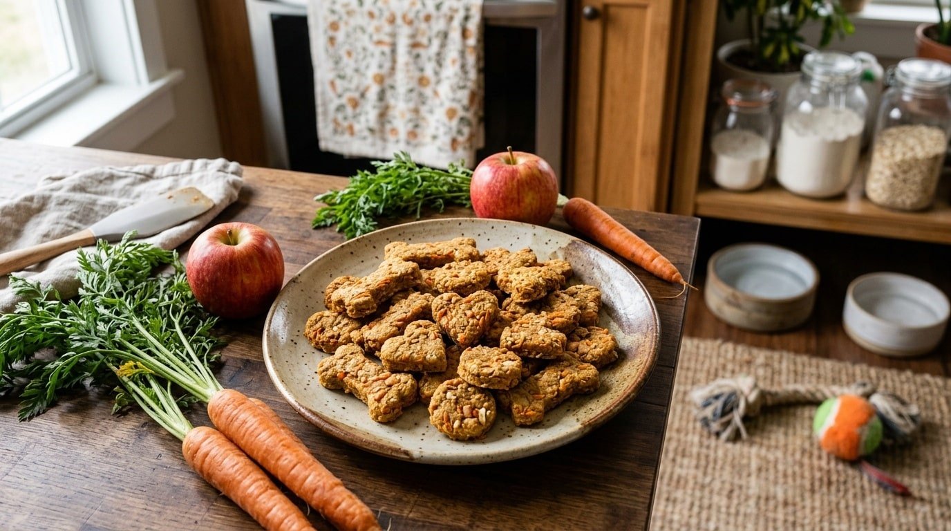 Homemade carrot and apple dog treats on a plate with carrots and apples in the background.
