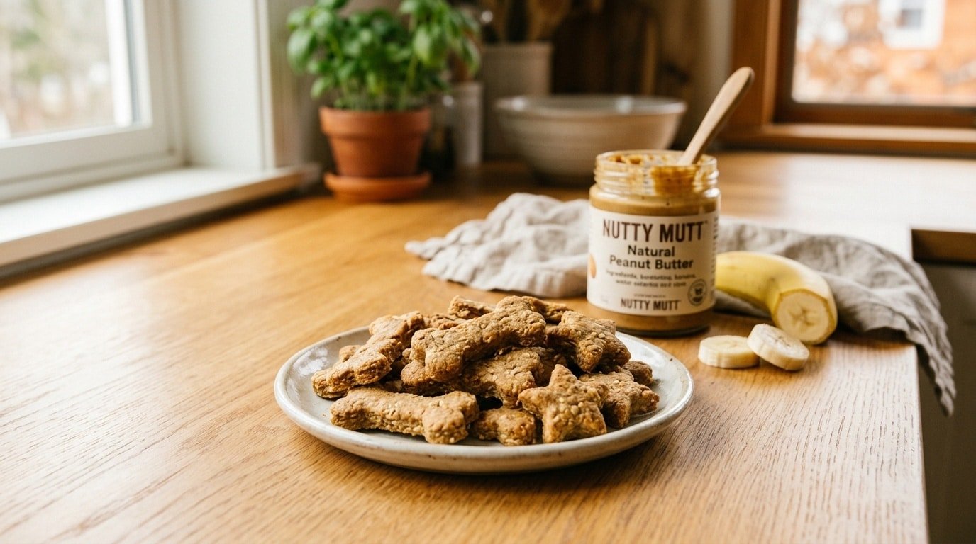 Baked peanut butter and banana dog treats in bone shapes on a plate with banana slices and a jar of peanut butter in the background.