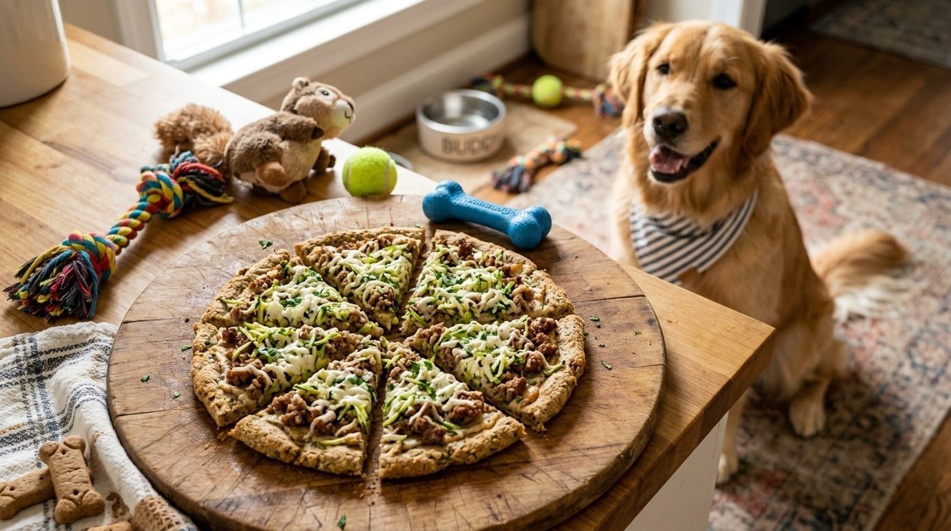 Homemade dog pizza with turkey and zucchini, sliced on a wooden board, with a happy dog in the background.