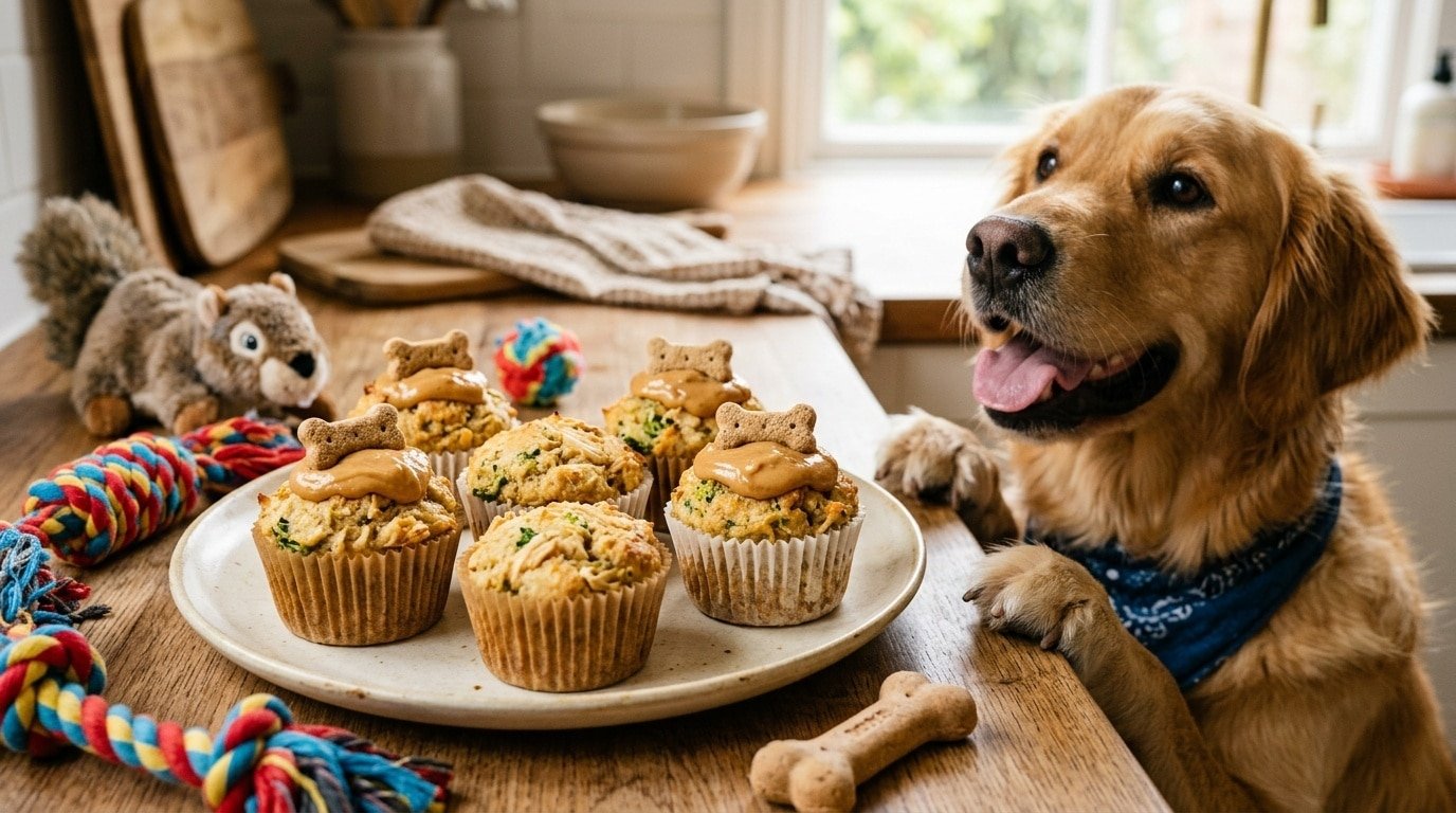 Delicious dog cupcakes made with chicken and broccoli, displayed on a plate with a dog eagerly waiting nearby.