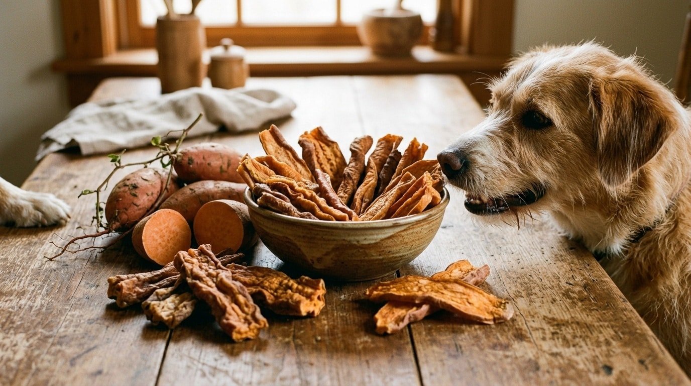 A collection of homemade sweet potato chews for dogs on a wooden table, with fresh sweet potatoes in the background.