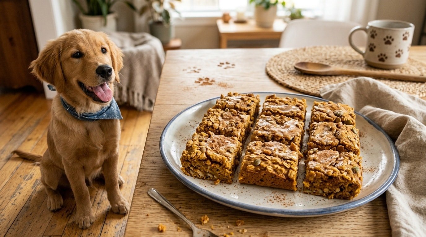 Homemade peanut butter pumpkin bars for dogs, arranged on a plate with a happy dog in the background.
