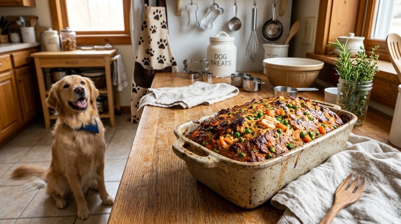 Homemade salmon and sweet potato meatloaf for dogs in a loaf pan, garnished with carrots and peas, with a happy dog in the background.