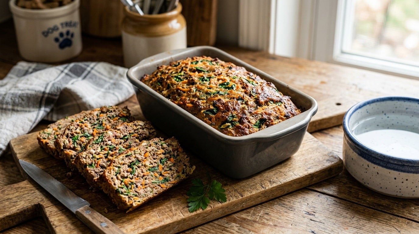 Homemade chicken spinach dog meatloaf in a loaf pan, sliced to show ingredients, on a wooden cutting board.