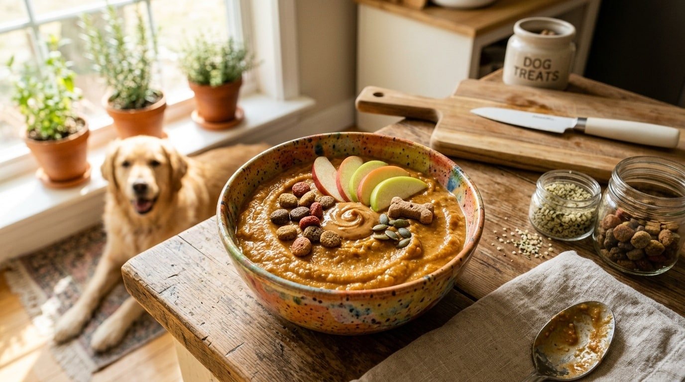 A bowl of sweet potato peanut butter dog smoothie, garnished with dog treats, in a sunny kitchen.