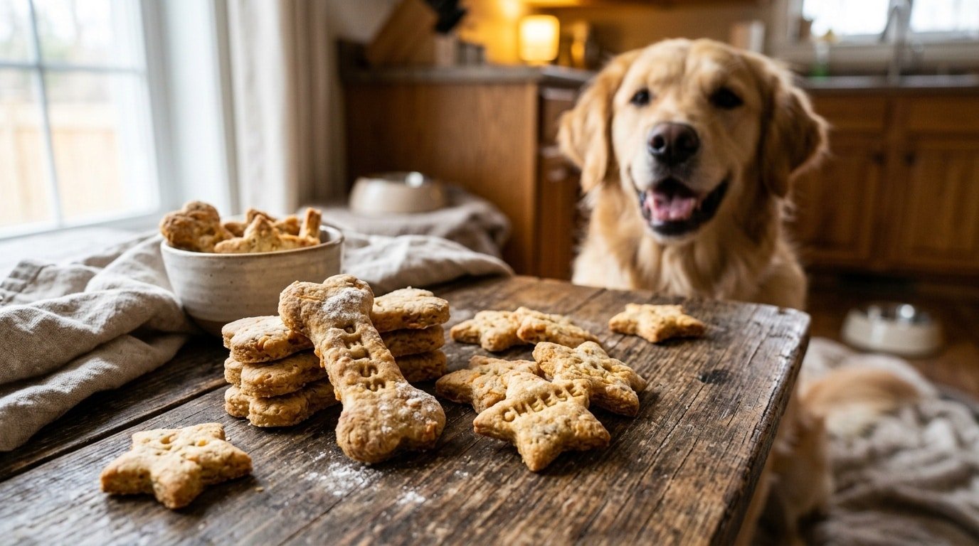 A variety of golden potato and cheese dog biscuits shaped like bones and stars on a wooden table, with a dog looking eagerly at the treats.