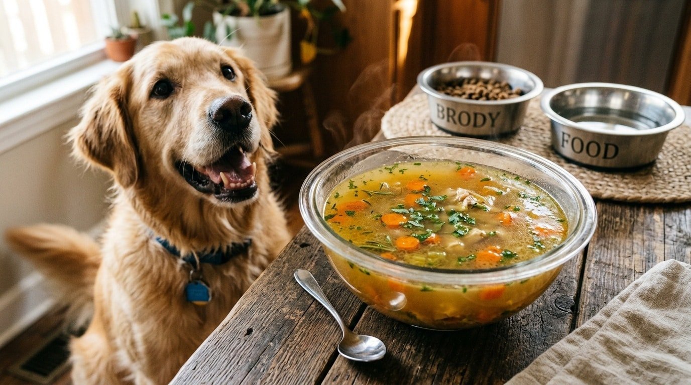 Homemade chicken bone broth for dogs in a clear bowl with carrots, set on a wooden table with a dog looking curiously.