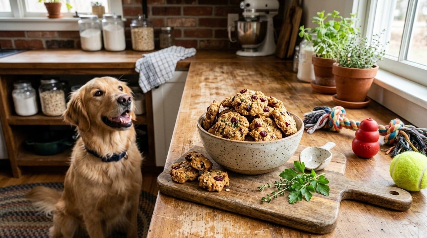 Homemade turkey cranberry dog chews in a bowl, with a dog looking eagerly nearby.