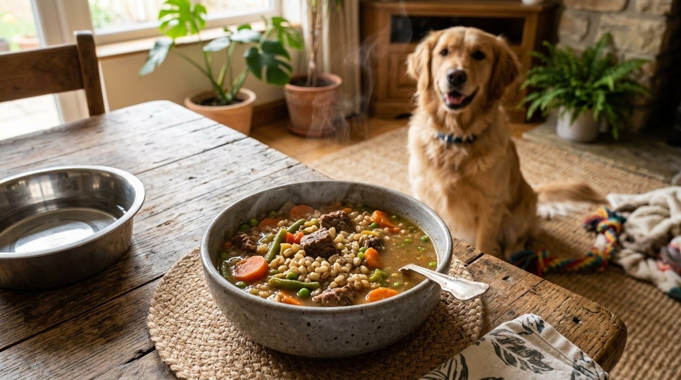 A delicious bowl of homemade beef barley dog soup with beef, barley, carrots, and green beans.
