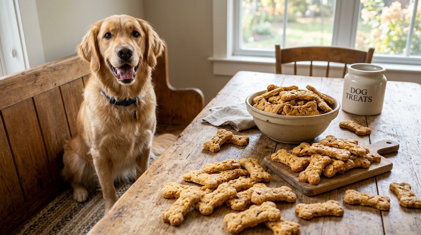 Freshly baked apple cheddar dog biscuits shaped like bones on a wooden table, with a happy dog nearby.
