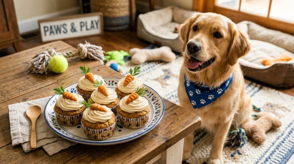 Homemade dog cupcakes with chicken and carrot, topped with frosting, on a playful dog-themed plate.